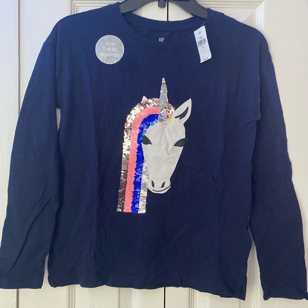 NWT Gap Kids Girls Unicorn flip-sequin long-sleeved tee. Navy blue. Size XL (12)